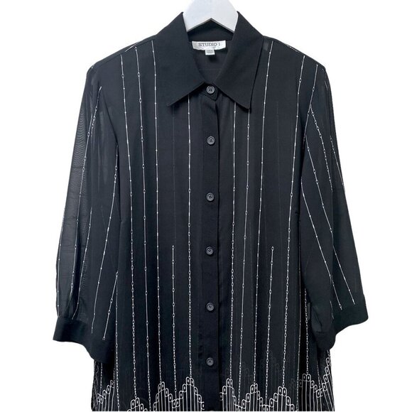 STUDIO 1 Tunic Blouse Size 18W Black Print Chiffon Duster Womens Long Top - Picture 2 of 10